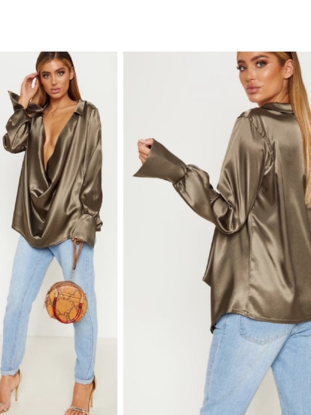 NWT Pretty Little Thing Oversized Satin Shirt Khaki Extreme Cowl Brown Green 8